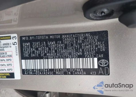 2007 Toyota Corolla Le из США, поврежденный, VIN 2T1BR32E27C726192